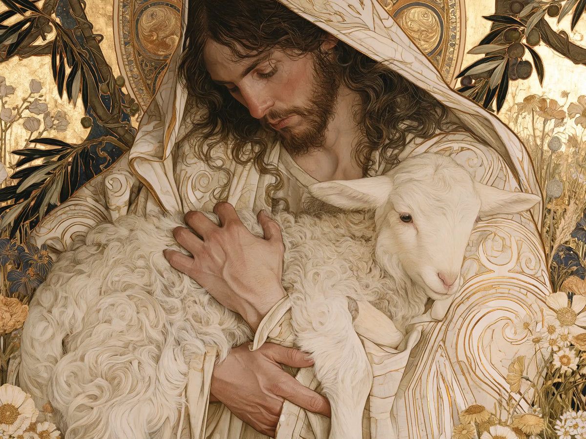 Jesus and the Lamb — Refuge Beneath the Embroidered Hood