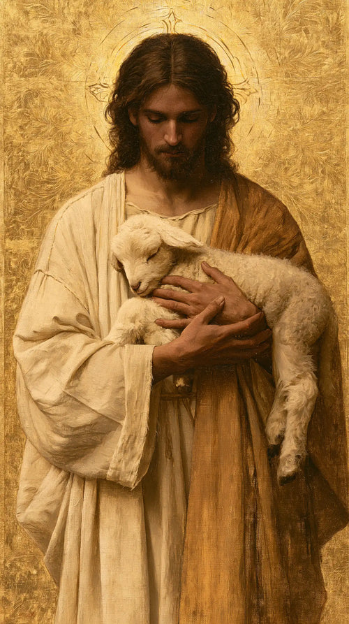 Jesus with a lamb in sacred golden light in Sacred Gold style, portrait Christian artwork no. 5