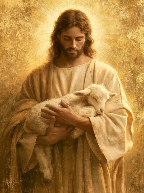Jesus with a lamb in sacred golden light in Sacred Gold style, portrait Christian artwork no. 14