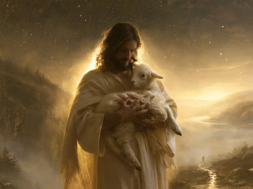 Jesus and the lamb in a symbolist composition in Symbolist style, landscape Christian artwork no. 5
