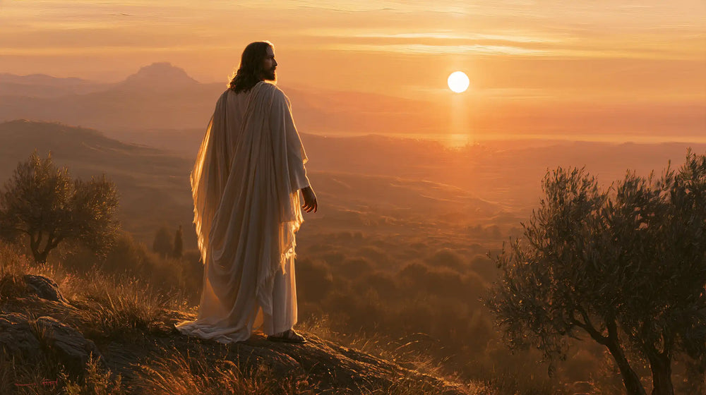 Jesus walking along a hillside at sunset in Sacred Silence style, landscape Christian artwork no. 7