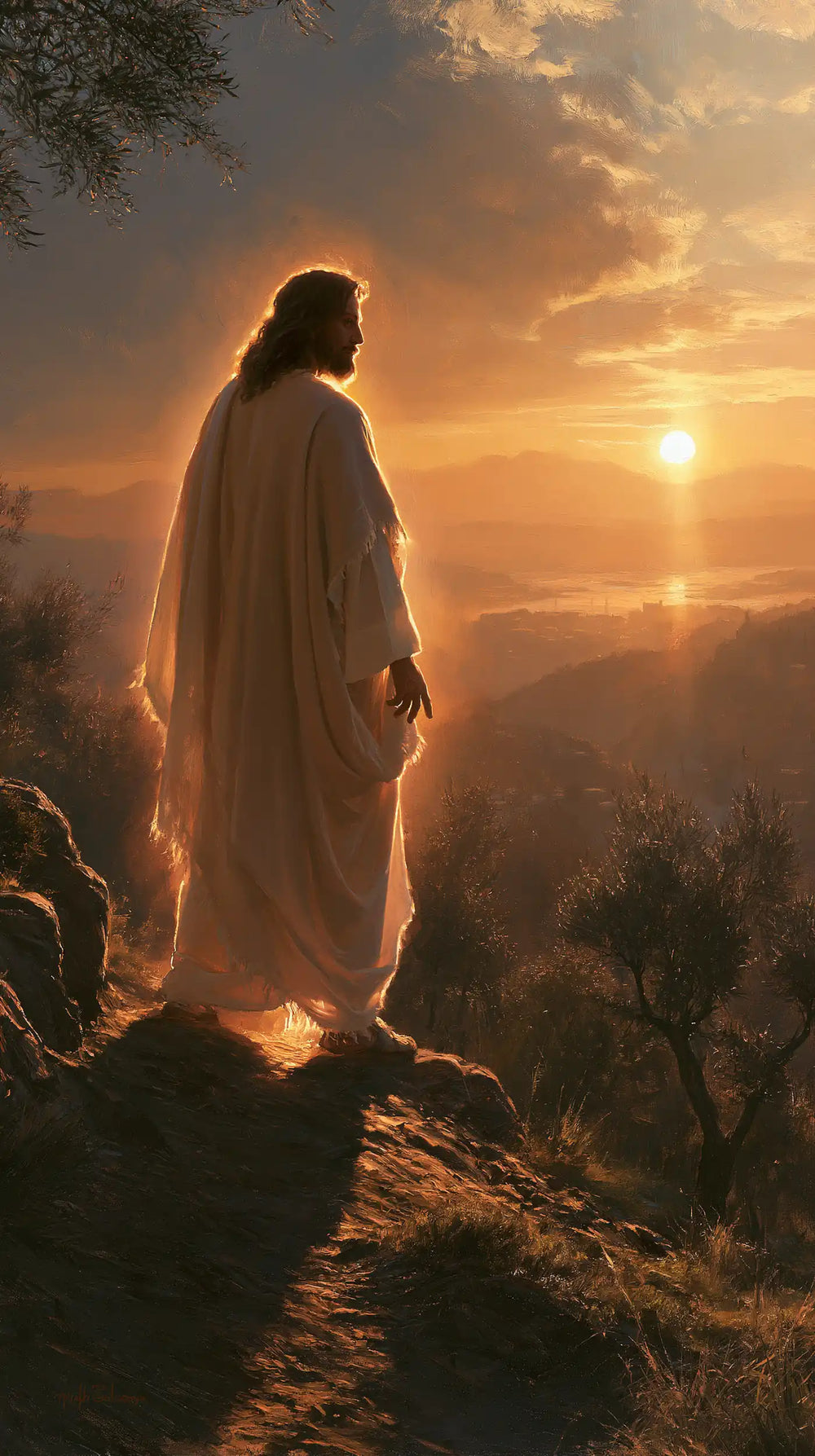 Jesus walking along a hillside at sunset in Sacred Silence style, portrait Christian artwork no. 4