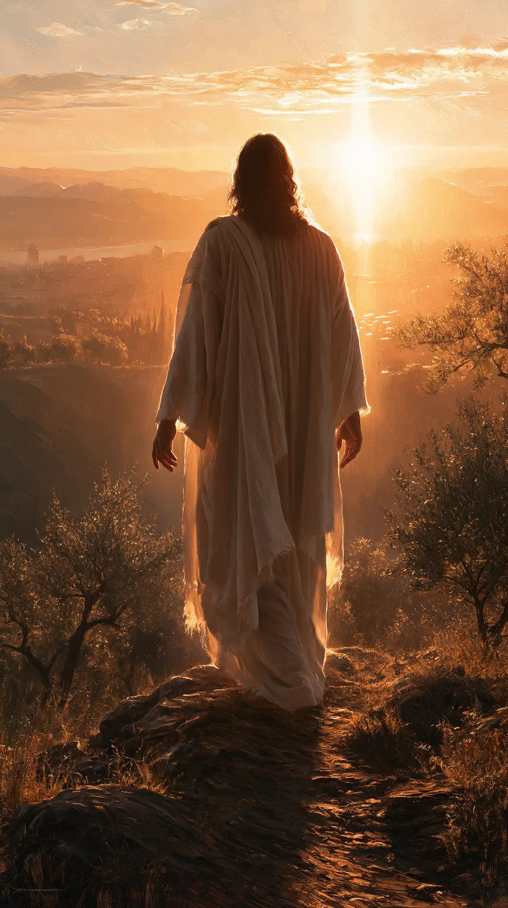 Jesus walking along a hillside at sunset in Sacred Silence style, portrait Christian artwork no. 12