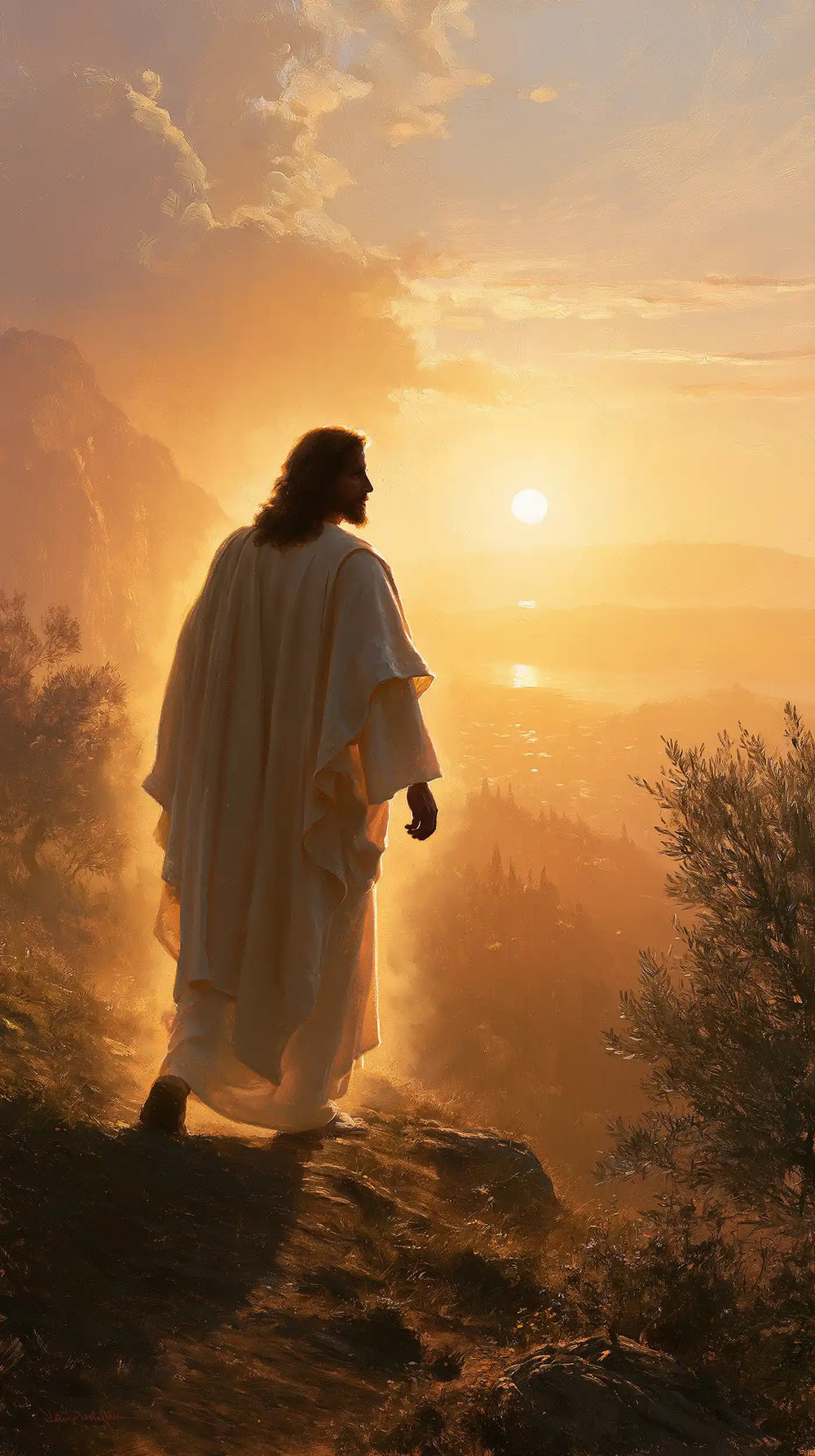 Jesus walking along a hillside at sunset in Sacred Silence style, portrait Christian artwork no. 18