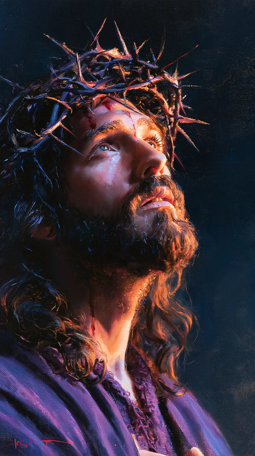 Jesus crowned with thorns in midnight blue chiaroscuro in Midnight Blue Chiaroscuro style, portrait Christian artwork no. 3