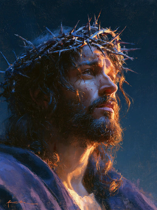 Jesus crowned with thorns in midnight blue chiaroscuro in Midnight Blue Chiaroscuro style, portrait Christian artwork no. 9