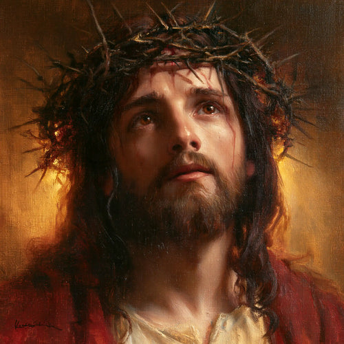 Jesus crowned with thorns in red, violet and gold in Crown of Thorns in Red, Violet and Gold style, square Christian artwork no. 4