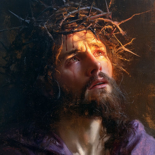 Jesus crowned with thorns in sacred sorrow in Sacred Sorrow style, square Christian artwork no. 1