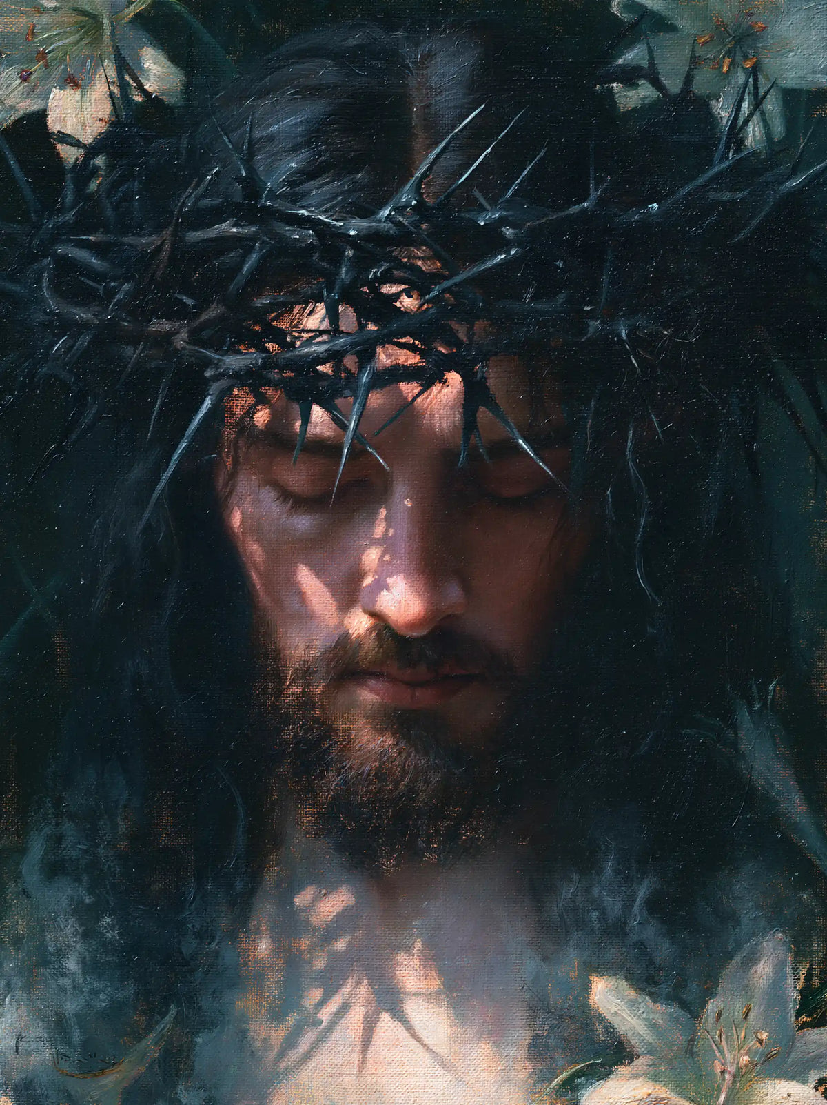 Jesus Crowned with Thorns — Eyelids beneath Blue Leaves