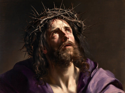 Jesus crowned with thorns in a theatrical Baroque scene in Theatrical Baroque style, landscape Christian artwork no. 3