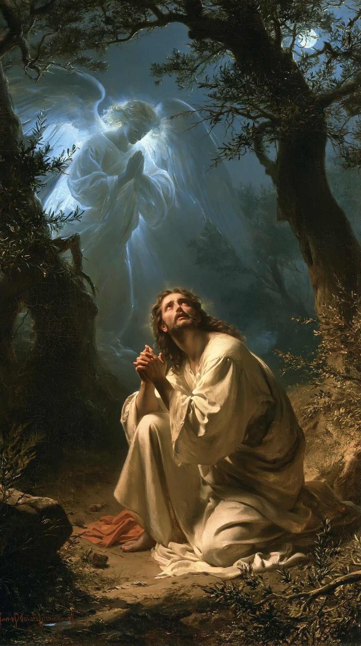 Jesus in Gethsemane — Clasped Hands beneath the Blue Wing