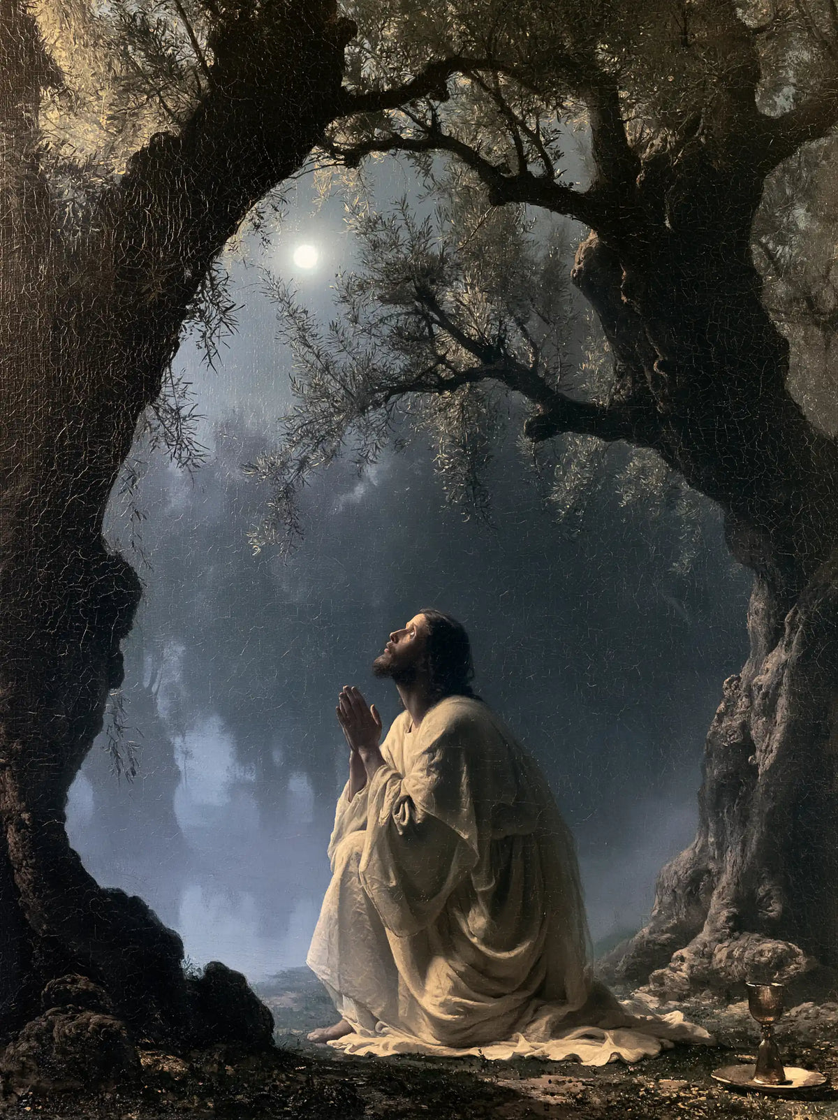 Jesus in Gethsemane — Orison beneath the Mist Moon