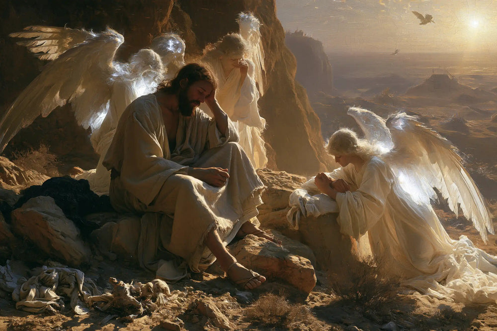 angels ministering to Jesus after the temptation in Angels After the Temptation style, landscape Christian artwork no. 15