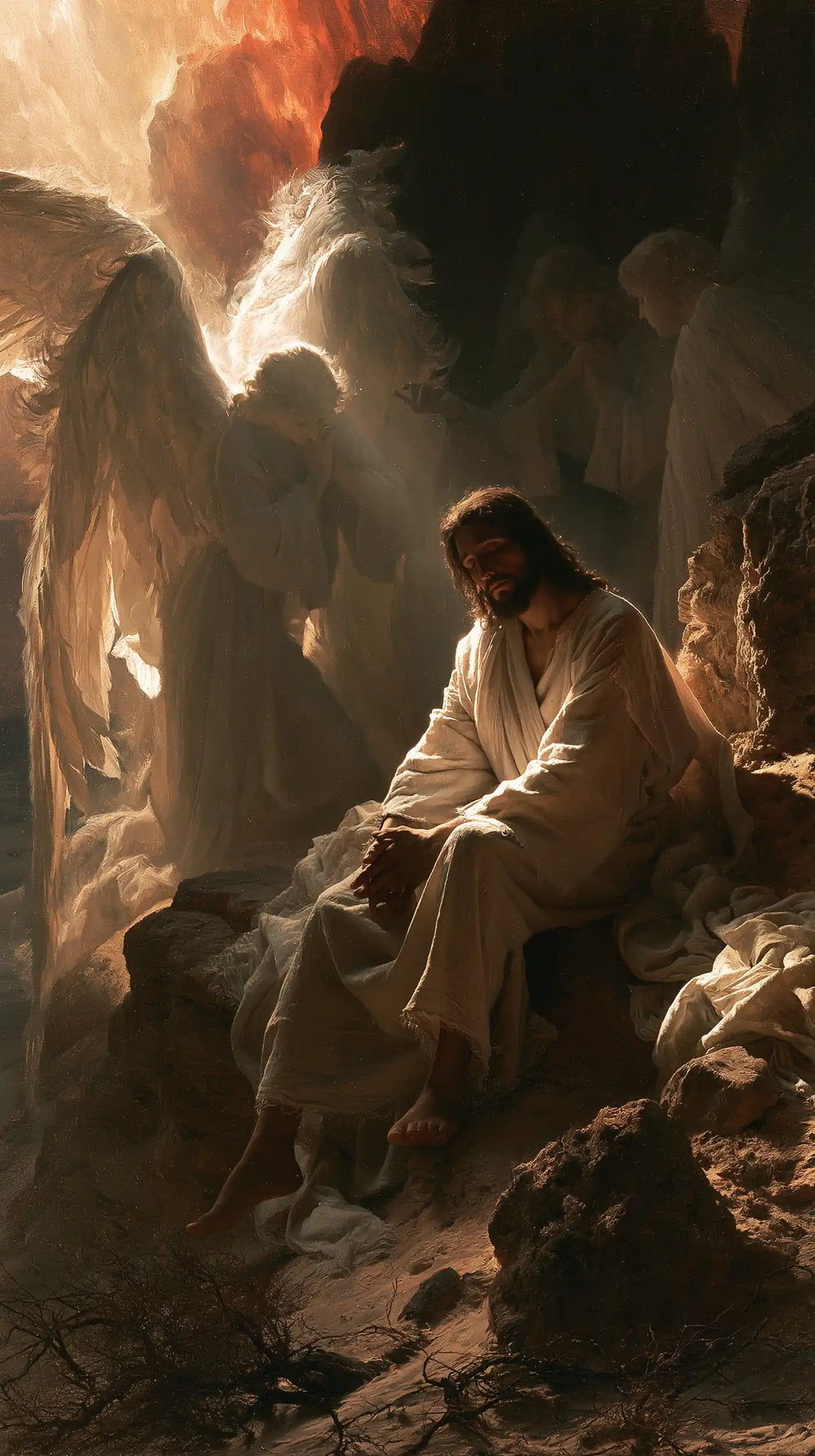 angels ministering to Jesus after the temptation in Angels After the Temptation style, portrait Christian artwork no. 22