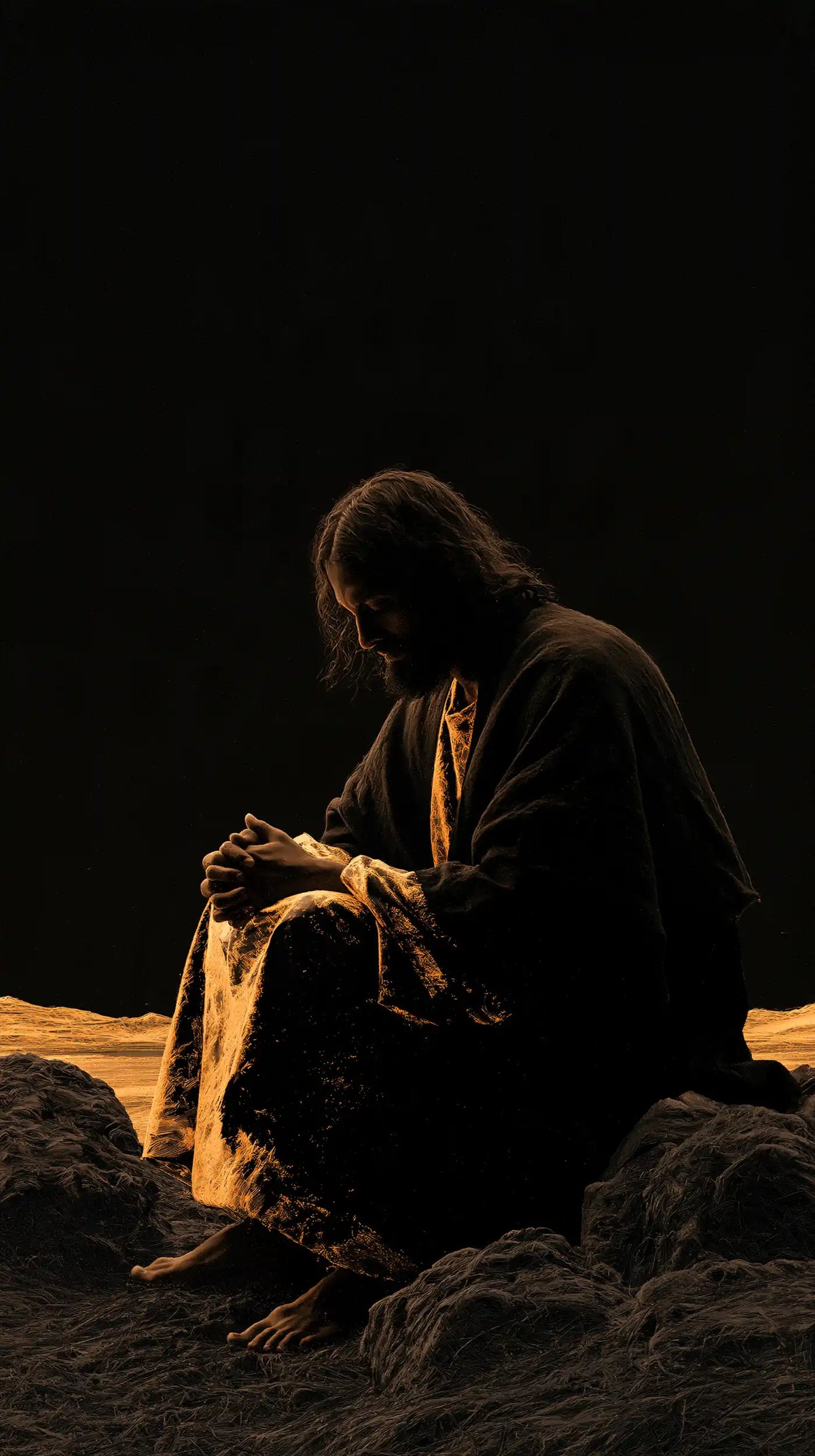 Jesus in the desert during the temptation in Black and Gold style, portrait Christian artwork no. 2