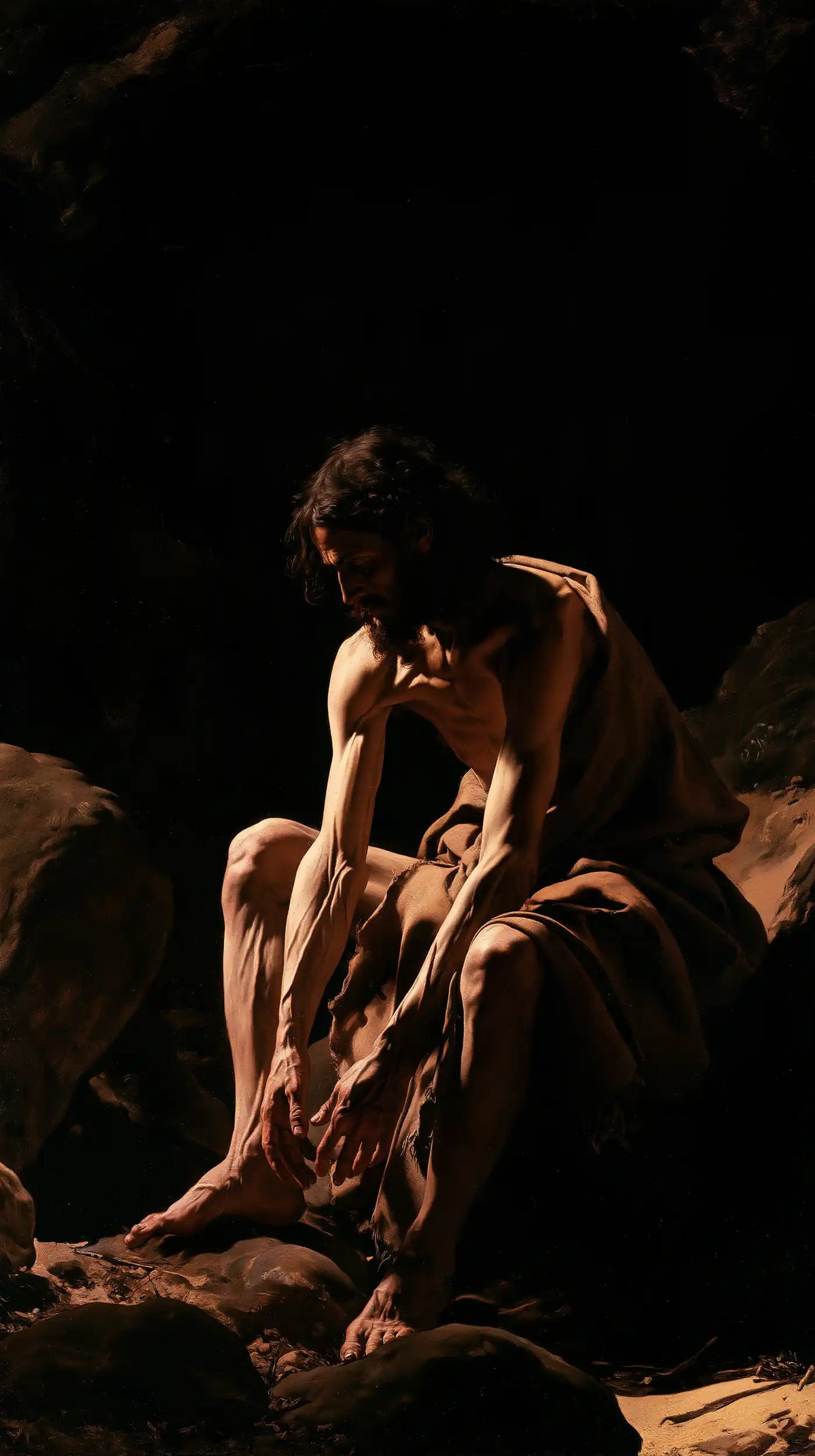 Jesus in the desert during the temptation in Caravaggio Tenebrism style, portrait Christian artwork no. 12