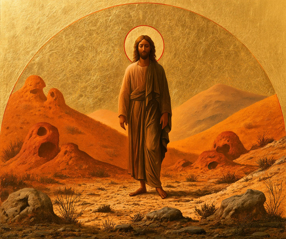 Jesus in the desert during the temptation in Contemporary Byzantine style, landscape Christian artwork no. 1