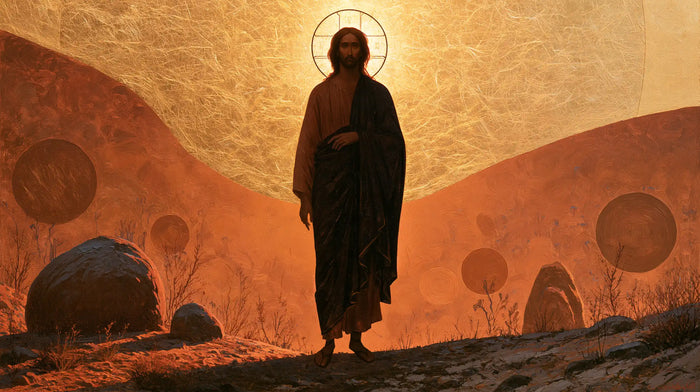 Jesus in the Desert — The Silhouette Before Earthen Orbs