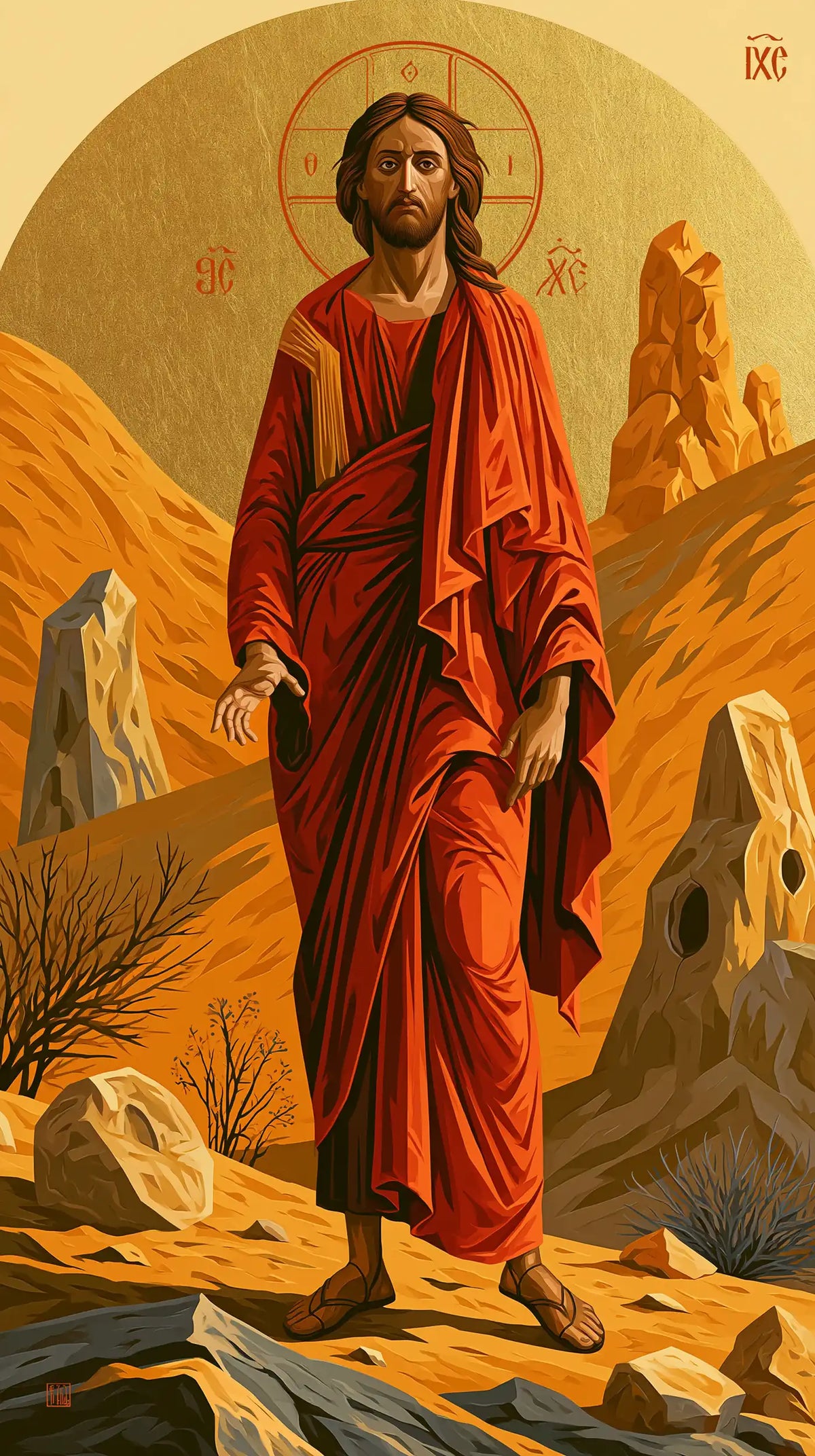 Jesus in the desert during the temptation in Contemporary Byzantine style, portrait Christian artwork no. 3