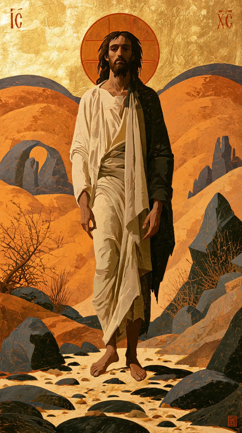 Jesus in the desert during the temptation in Contemporary Byzantine style, portrait Christian artwork no. 21