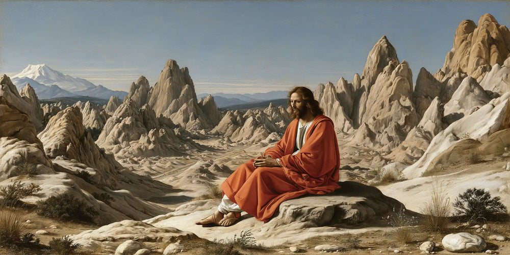 Jesus in the desert during the temptation in Florentine Renaissance style, landscape Christian artwork no. 24