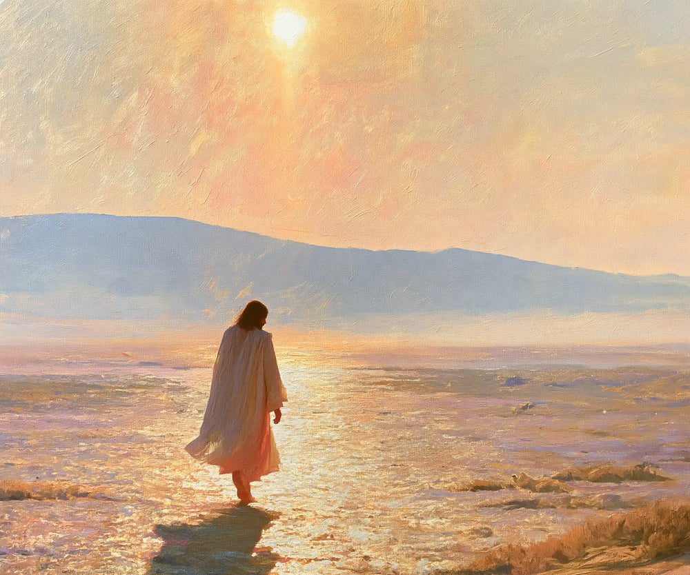 Jesus in the desert during the temptation in Impressionist style, landscape Christian artwork no. 1