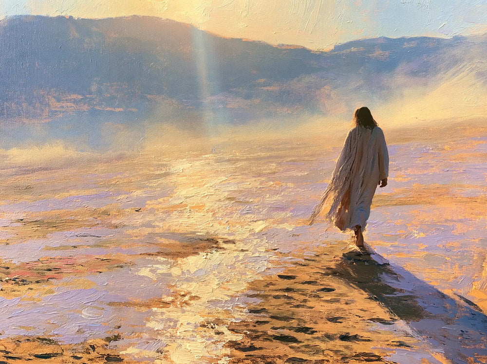 Jesus in the desert during the temptation in Impressionist style, landscape Christian artwork no. 7