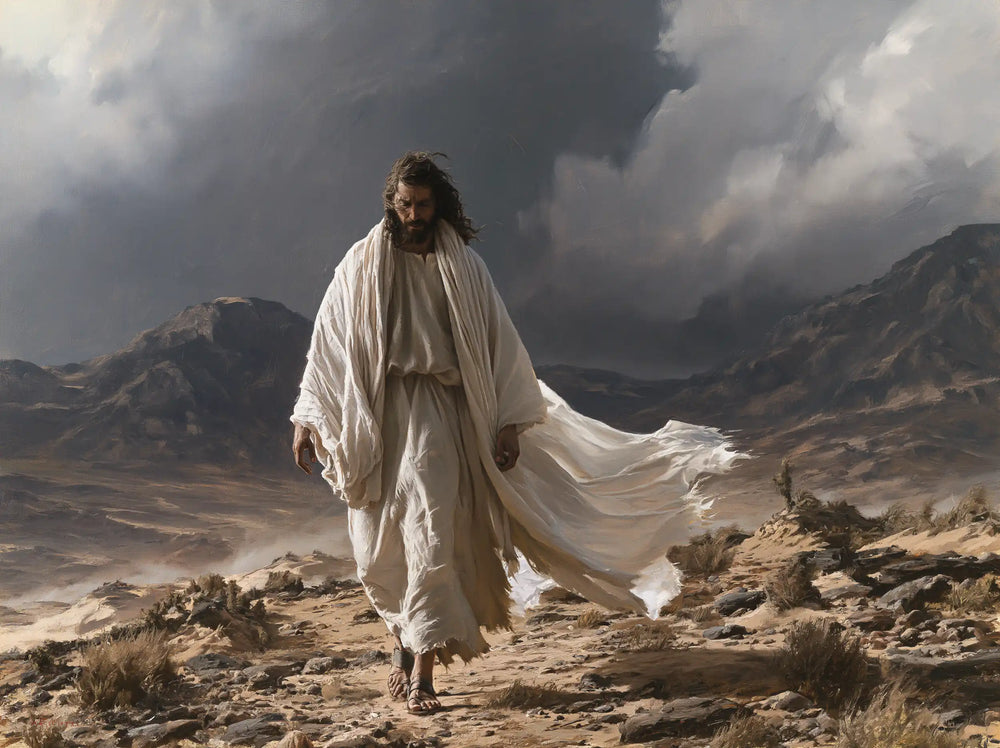Jesus confronting an inner spiritual struggle in the desert in The Inner Struggle style, landscape Christian artwork no. 7