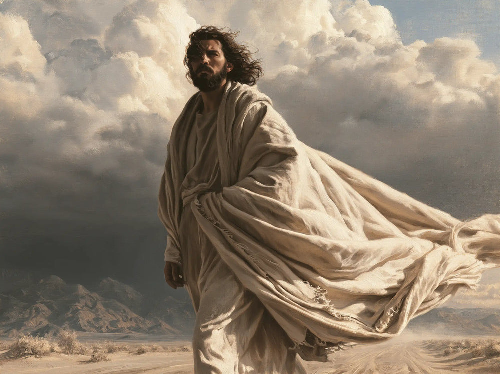 Jesus confronting an inner spiritual struggle in the desert in The Inner Struggle style, landscape Christian artwork no. 9