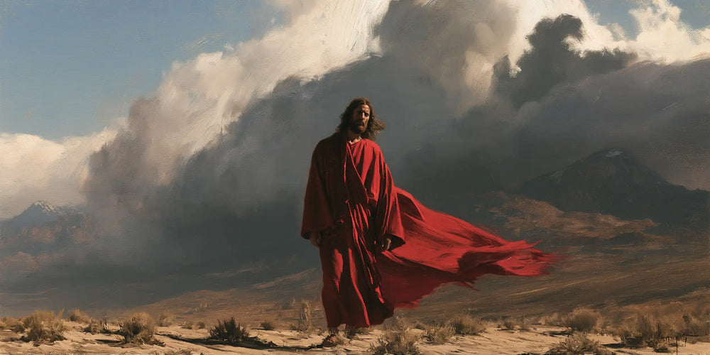 Jesus confronting an inner spiritual struggle in the desert in The Inner Struggle style, landscape Christian artwork no. 20