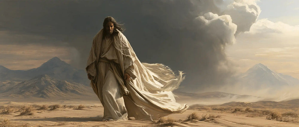 Jesus confronting an inner spiritual struggle in the desert in The Inner Struggle style, landscape Christian artwork no. 24