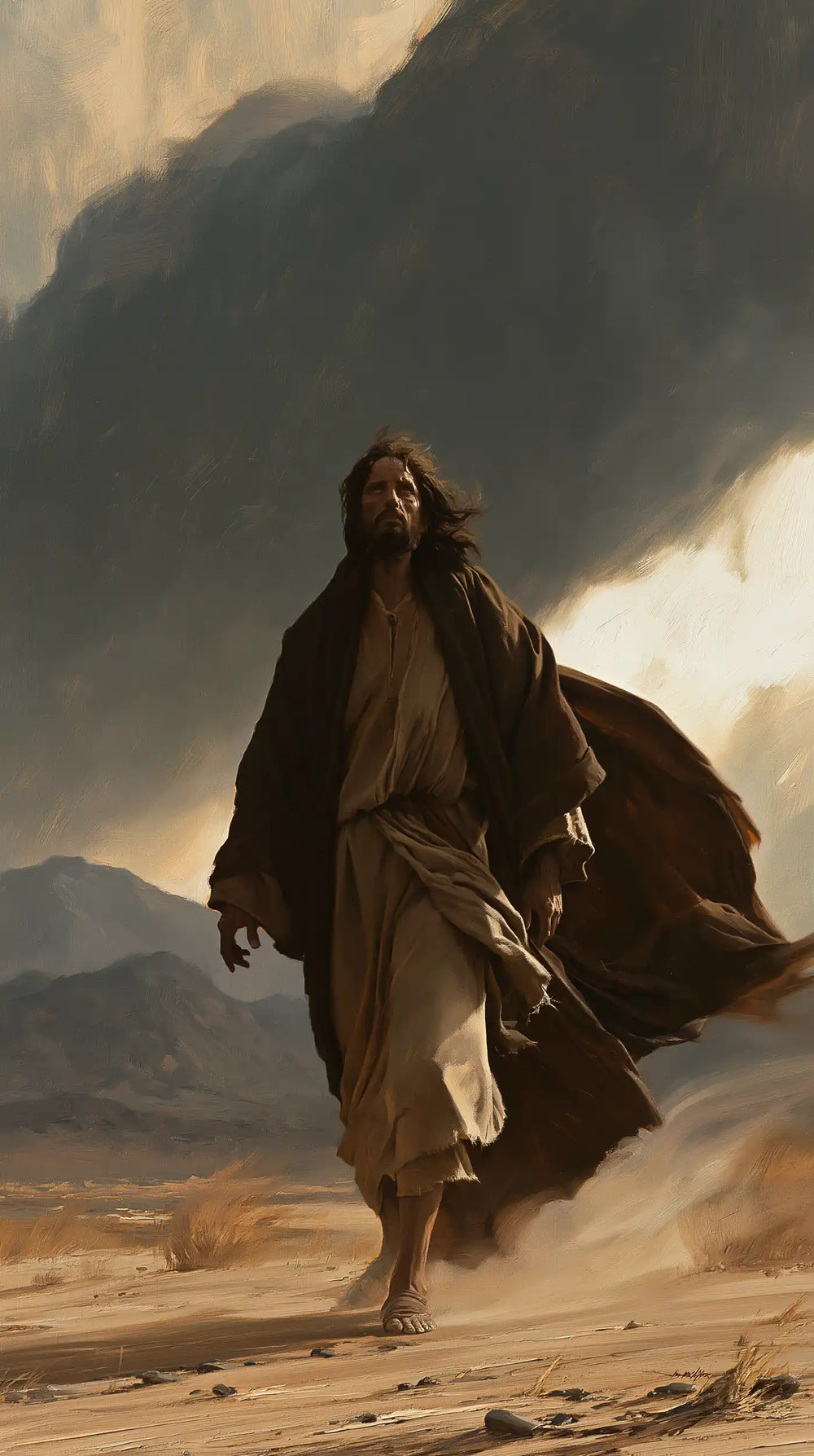 Jesus confronting an inner spiritual struggle in the desert in The Inner Struggle style, portrait Christian artwork no. 6