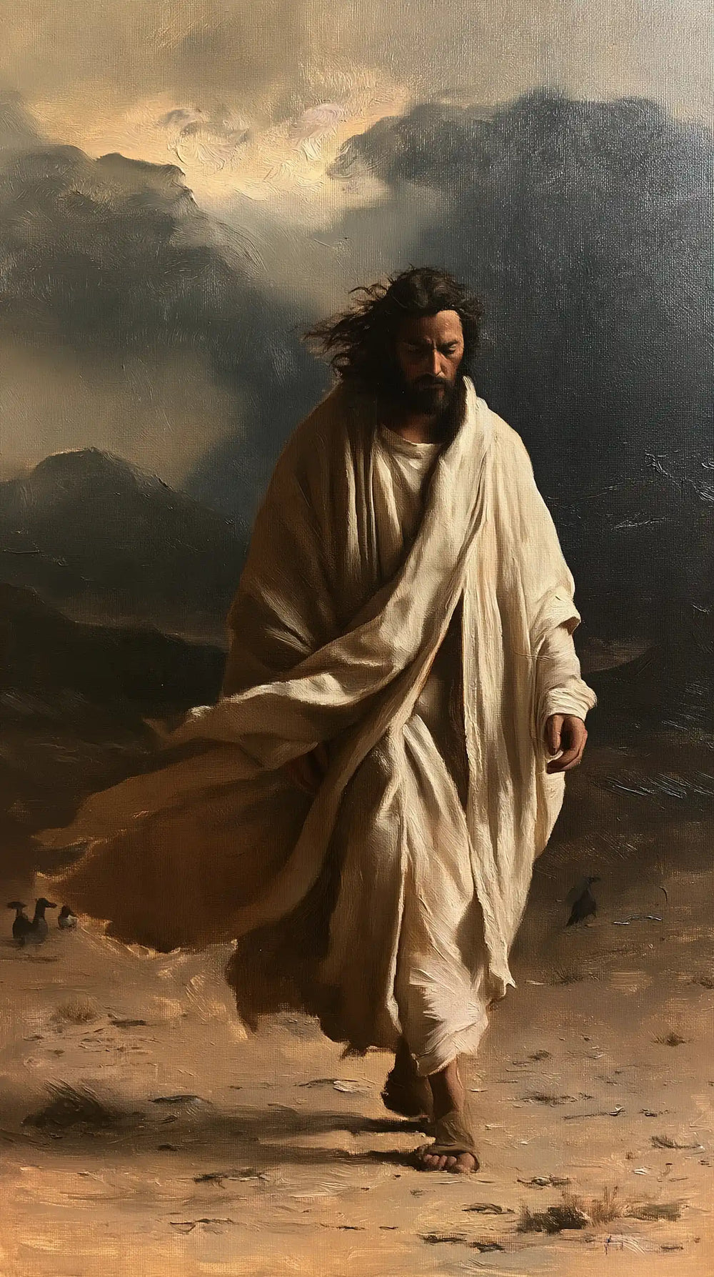 Jesus confronting an inner spiritual struggle in the desert in The Inner Struggle style, portrait Christian artwork no. 16