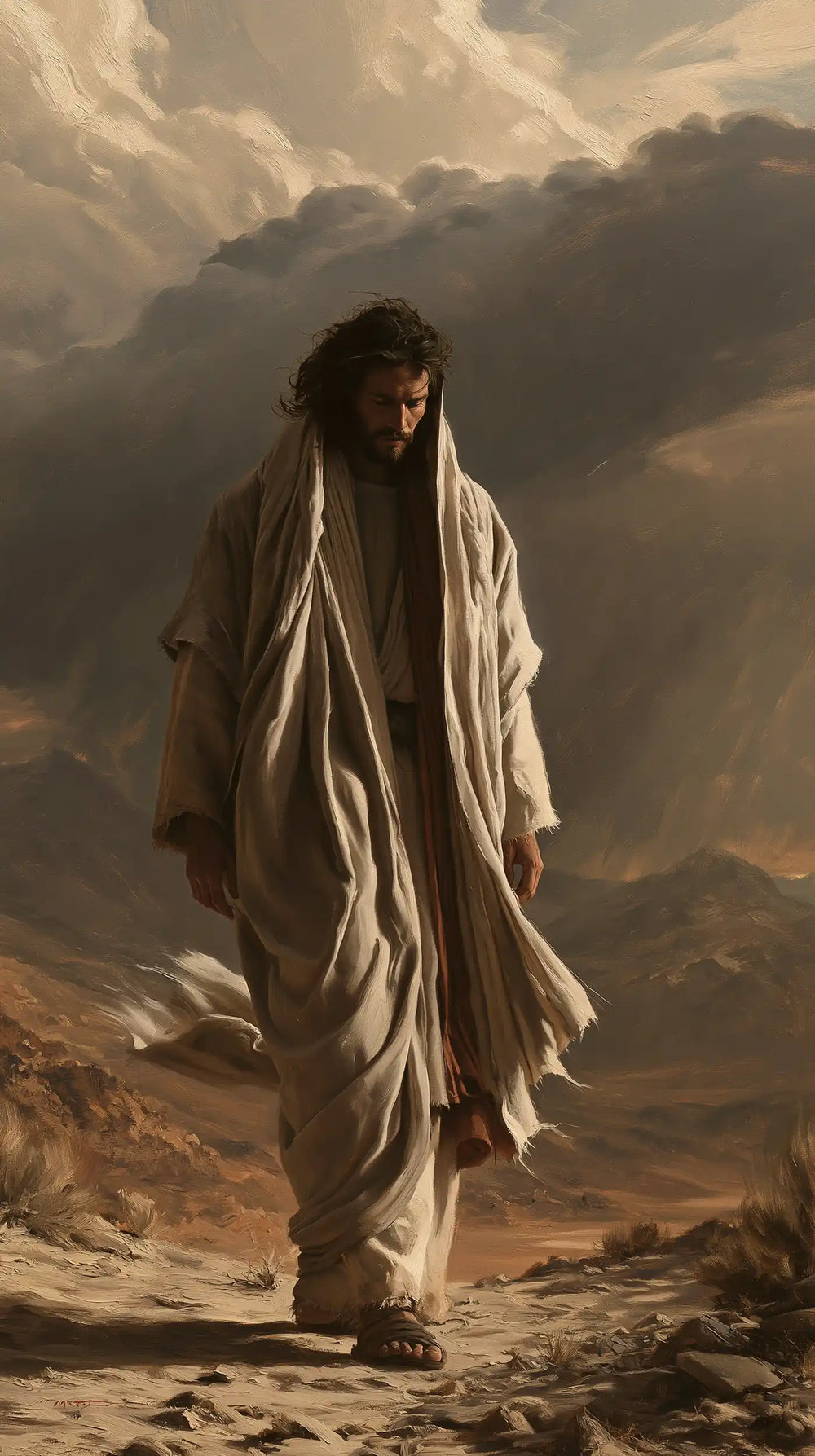 Jesus confronting an inner spiritual struggle in the desert in The Inner Struggle style, portrait Christian artwork no. 23