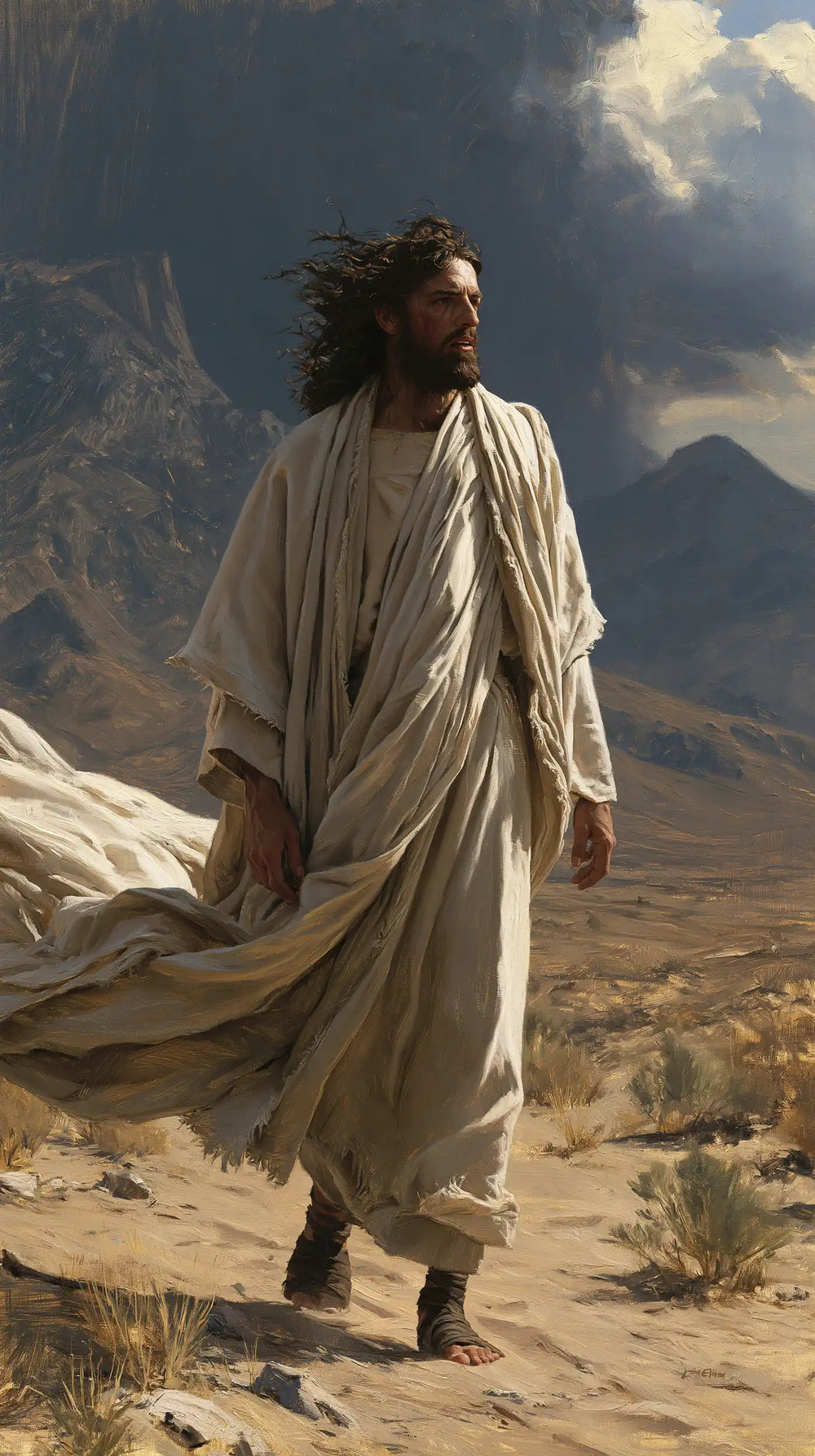 Jesus confronting an inner spiritual struggle in the desert in The Inner Struggle style, portrait Christian artwork no. 26