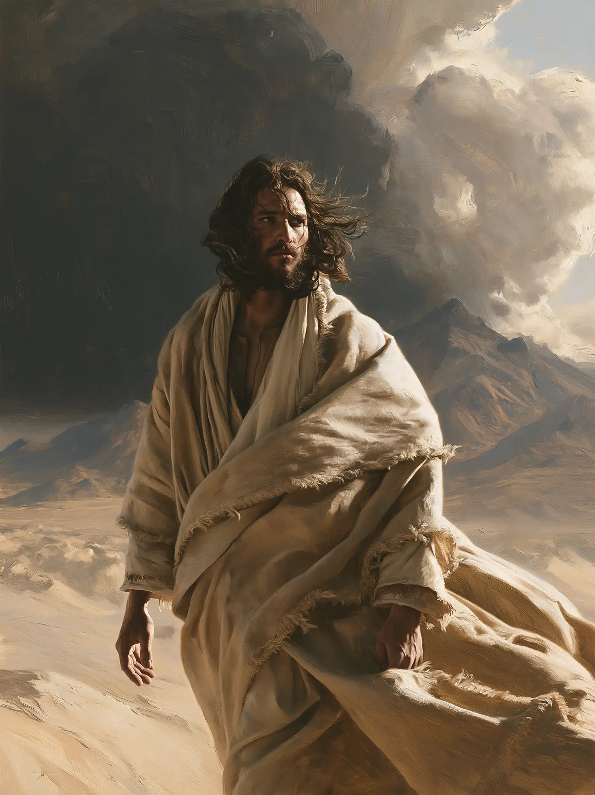 Jesus in the Desert — Windblown Folds over Pale Sand