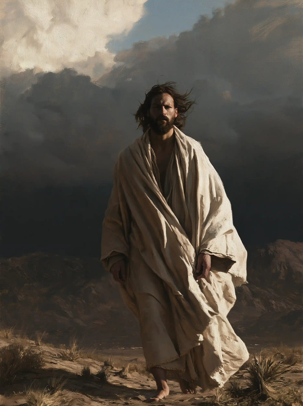 Jesus confronting an inner spiritual struggle in the desert in The Inner Struggle style, portrait Christian artwork no. 33