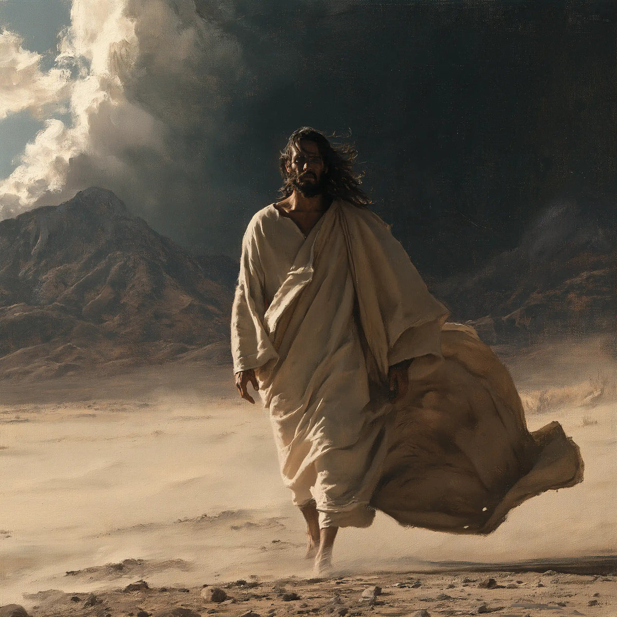 Jesus confronting an inner spiritual struggle in the desert in The Inner Struggle style, square Christian artwork no. 1