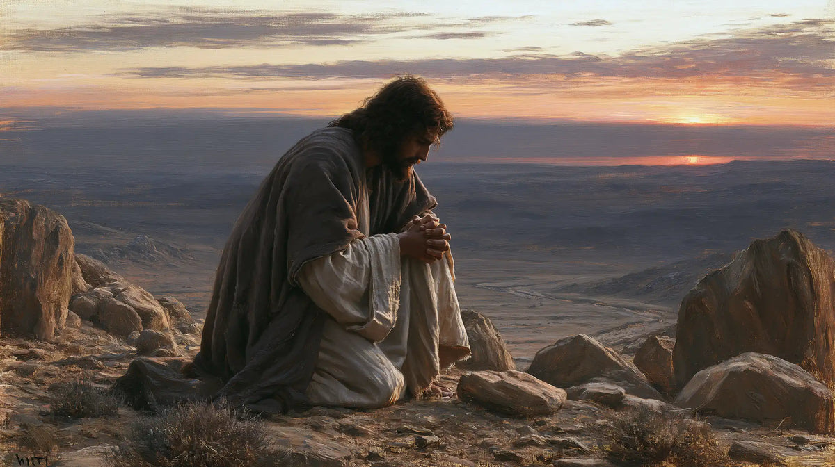 Jesus praying alone in the desert in Jesus in Prayer style, landscape Christian artwork no. 17