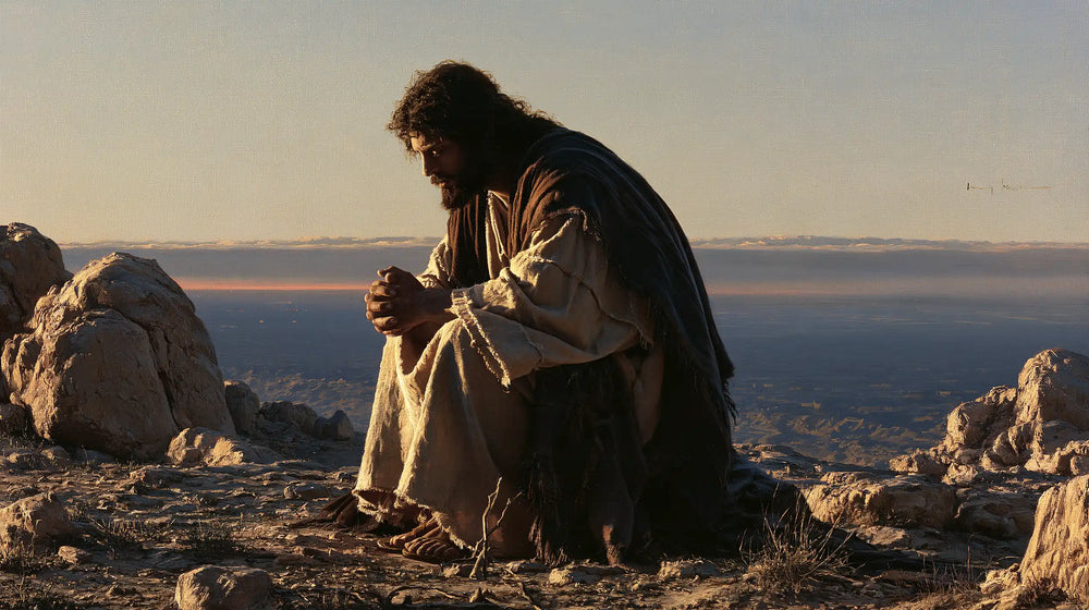 Jesus praying alone in the desert in Jesus in Prayer style, landscape Christian artwork no. 19