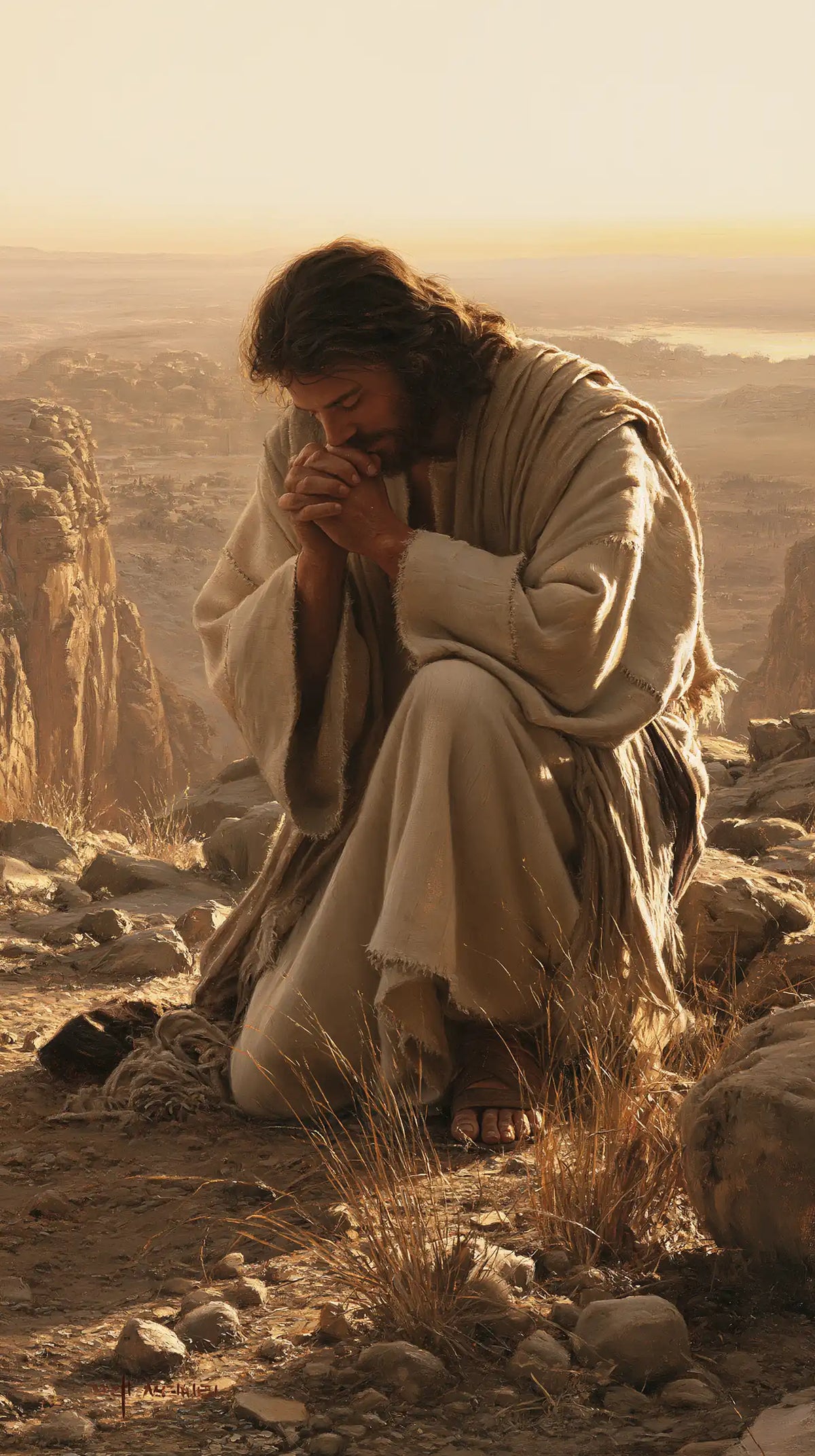 Jesus praying alone in the desert in Jesus in Prayer style, portrait Christian artwork no. 9