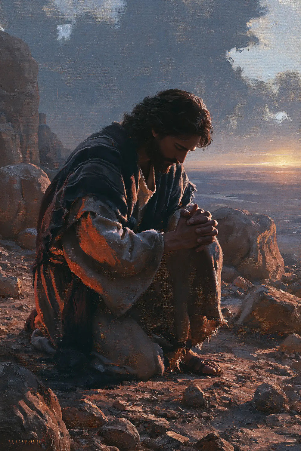 Jesus praying alone in the desert in Jesus in Prayer style, portrait Christian artwork no. 31