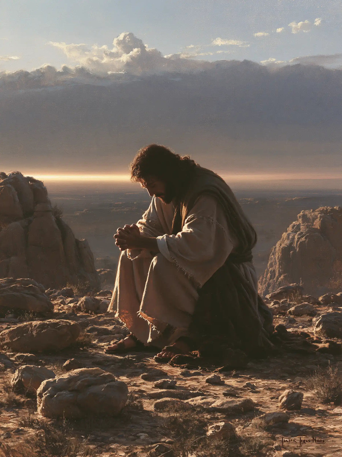 Jesus praying alone in the desert in Jesus in Prayer style, portrait Christian artwork no. 34