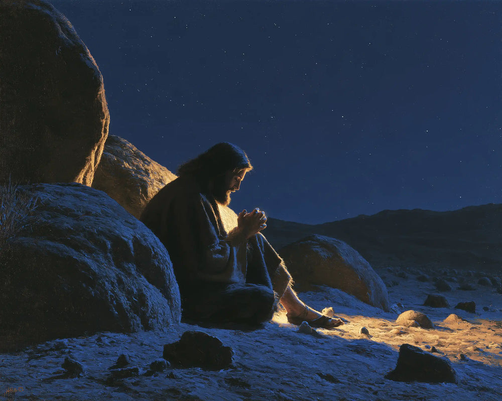 Jesus in the desert during the temptation in Midnight Blue Chiaroscuro style, landscape Christian artwork no. 7