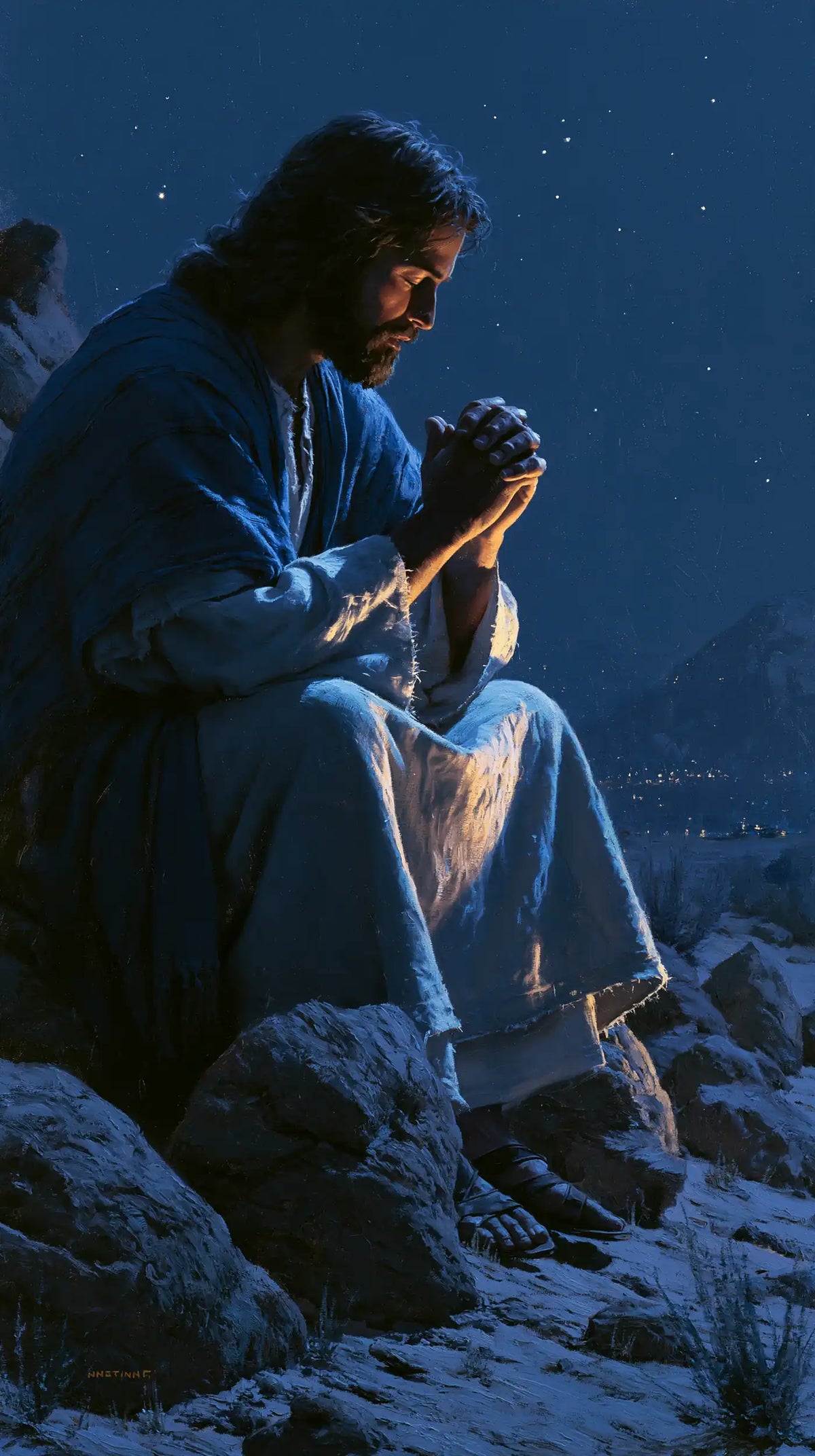 Jesus in the desert during the temptation in Midnight Blue Chiaroscuro style, portrait Christian artwork no. 18