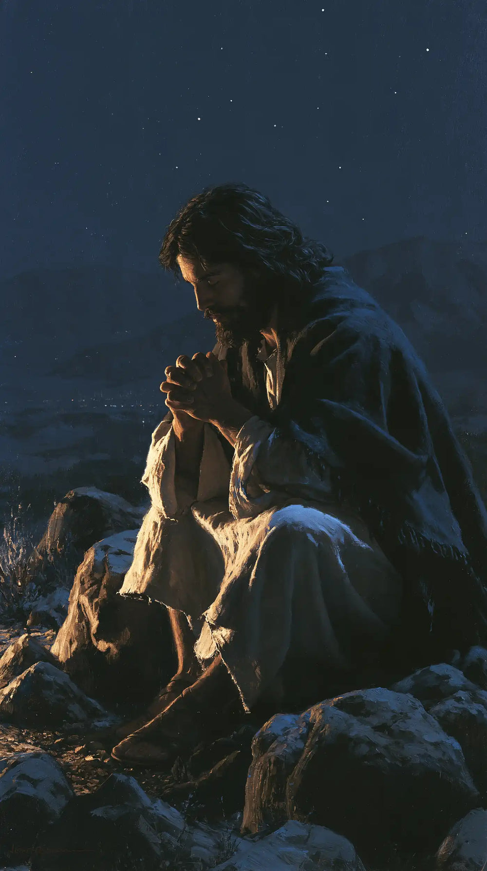 Jesus in the desert during the temptation in Midnight Blue Chiaroscuro style, portrait Christian artwork no. 20