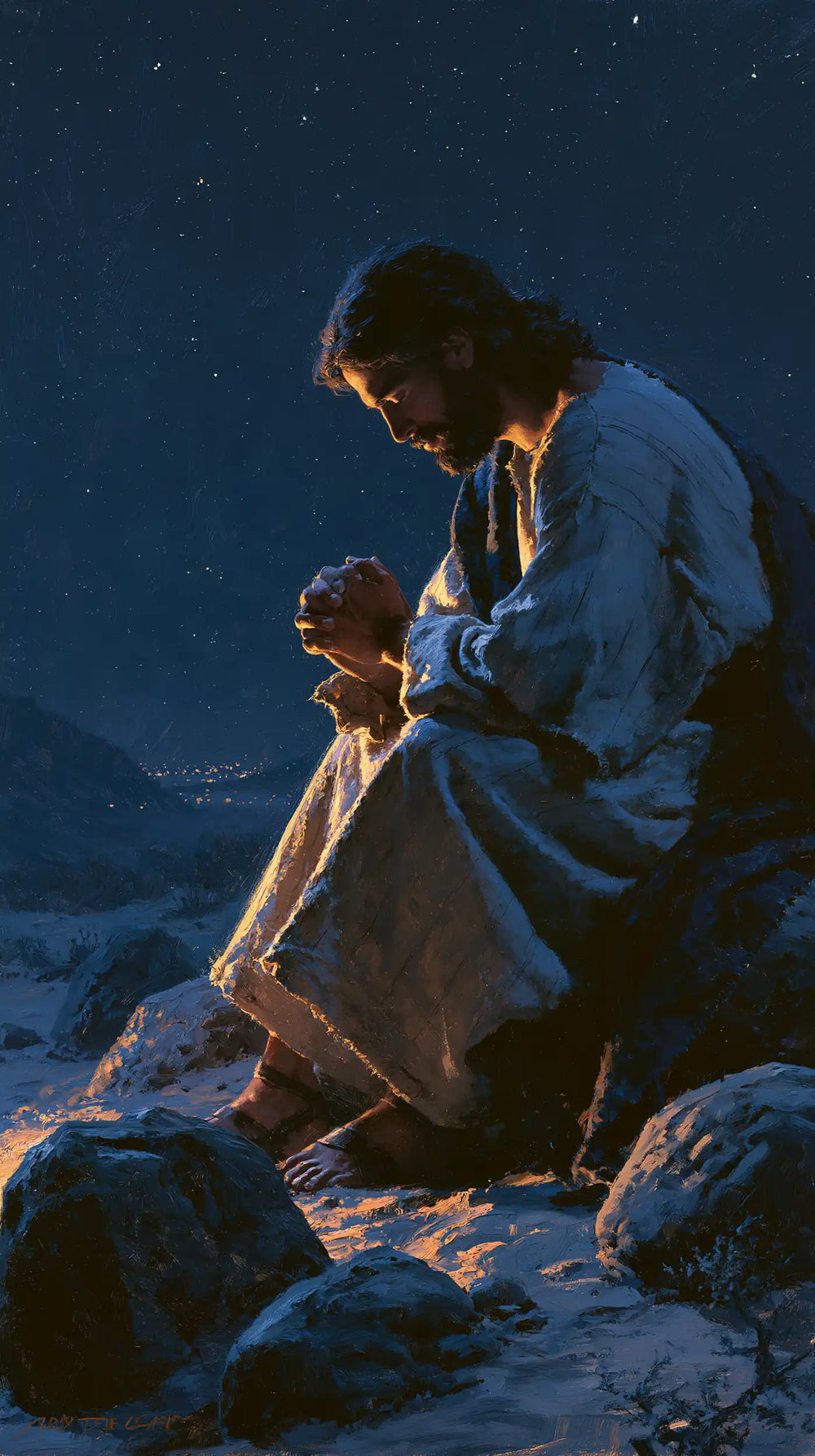 Jesus in the desert during the temptation in Midnight Blue Chiaroscuro style, portrait Christian artwork no. 26