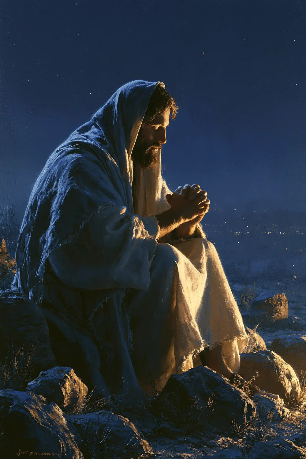 Jesus in the desert during the temptation in Midnight Blue Chiaroscuro style, portrait Christian artwork no. 29