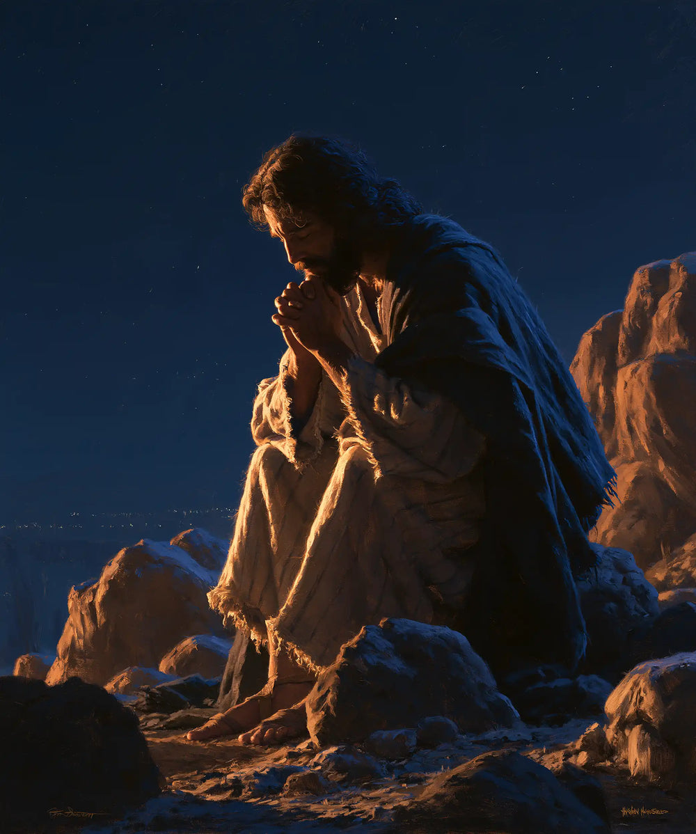 Jesus in the desert during the temptation in Midnight Blue Chiaroscuro style, portrait Christian artwork no. 44
