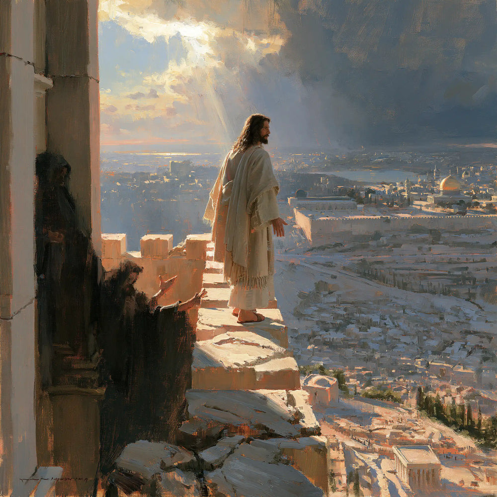 Jesus during the temptation at the pinnacle of the temple in The Pinnacle of the Temple style, square Christian artwork no. 2